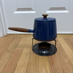 MCM Copco Michael LAX Design Holland Blue Enamel Fondue Pot‎ Wood Handle Vintage